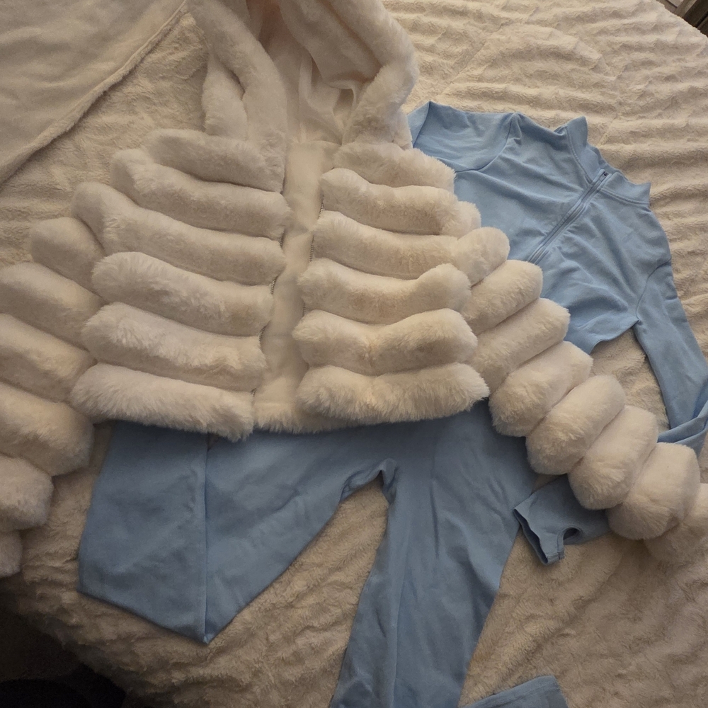 Women's White and Blue Faux Fur Jacket